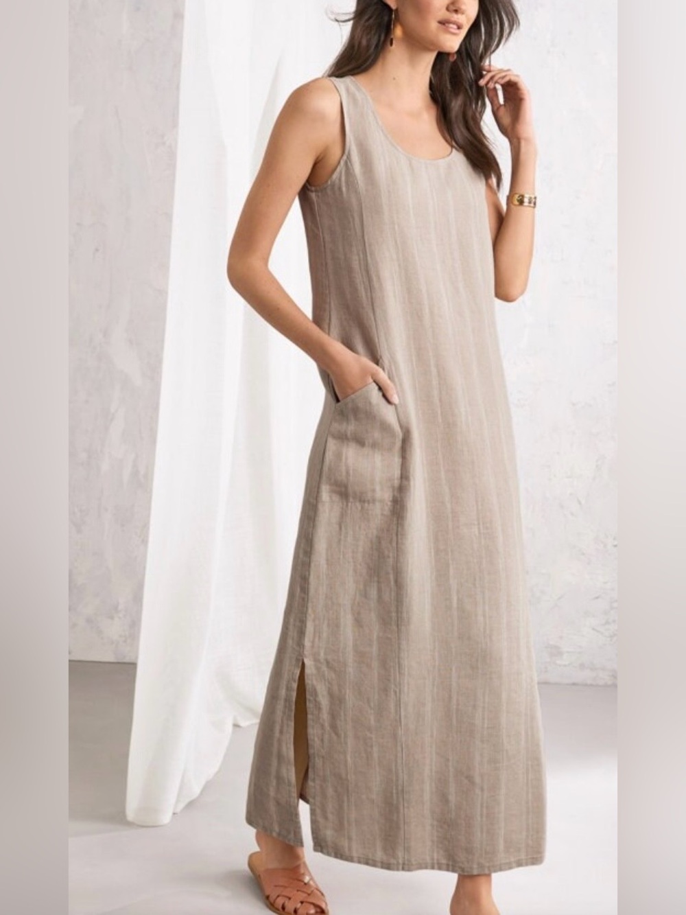 Garnet Hill Linen Maxi Dress, Flax Stripe, Size 12
